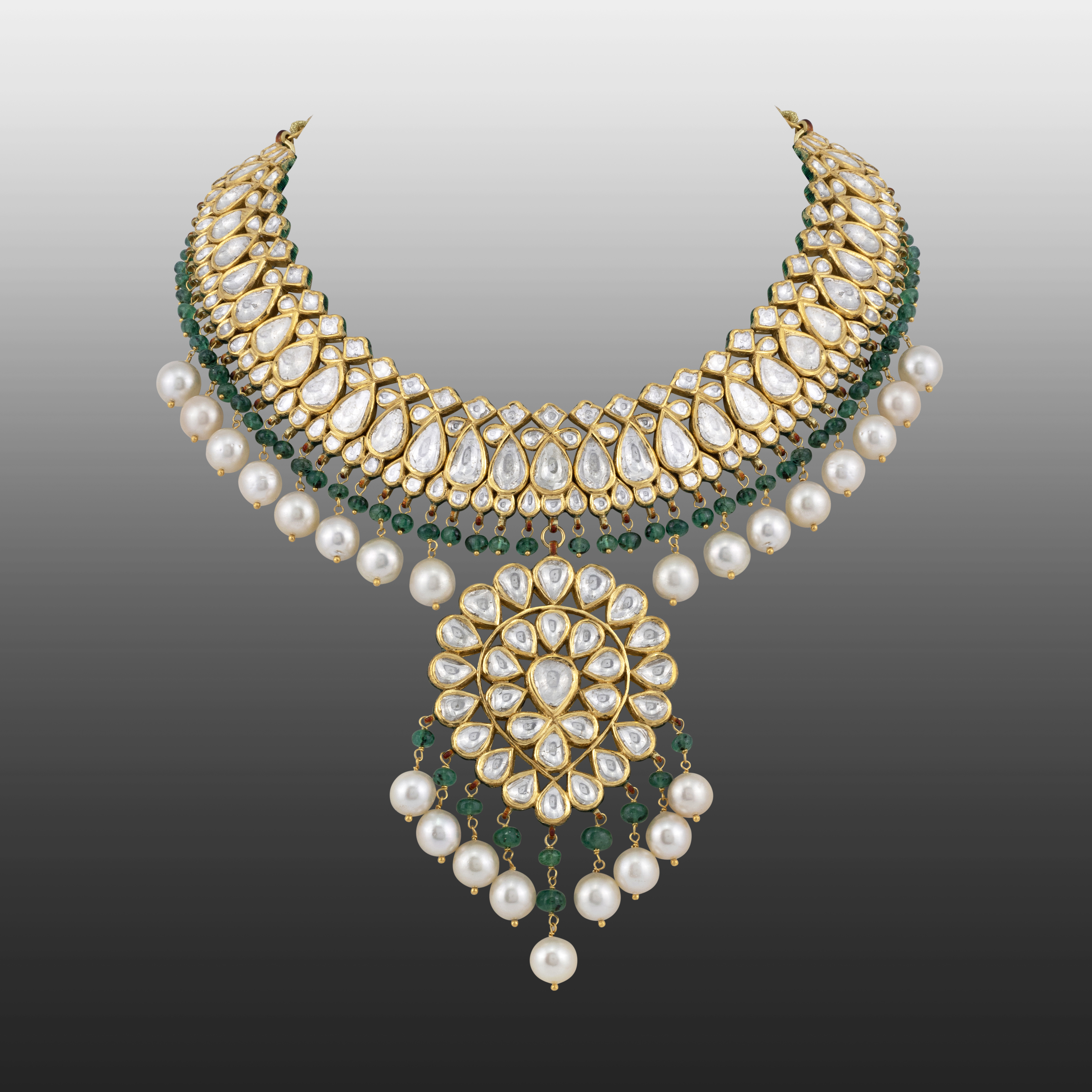 Polki and Pearl Choker Necklace with Emerald Accents